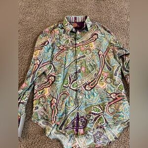 Robert Graham Shirt Mens M Button Up Embroidered Cuffs Green Paisley
